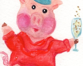 Original miniature watercolor painting, Funny Pig Art , Happy Piggy drinking champagne, ACEO, Artist Trading Card, gift under 20