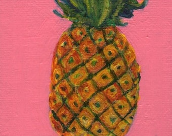 Original Pineapple on pink mini canvas painting, culinary gift, Botanical kitchen decor 3" x 3"