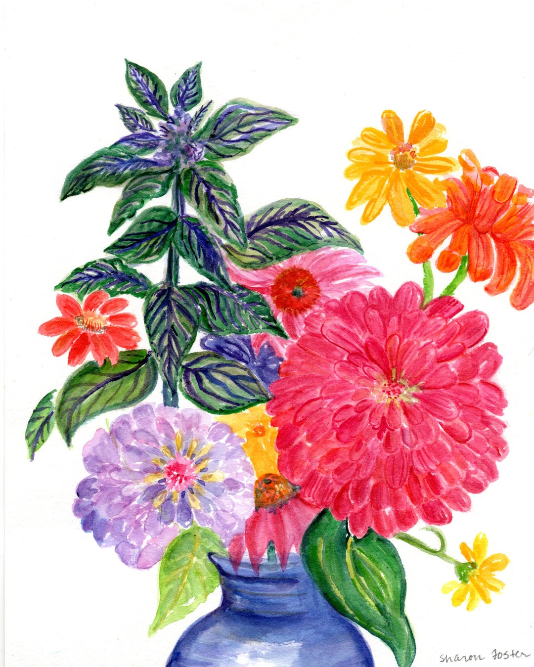 Zinnias Basil Watercolor Painting Original 8x10 Not a Print Etsy