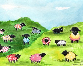 Original Sheep Watercolor Painting, Sheep, lambs, where colored, patterned wool comes from,