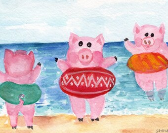 Original 4x6 Watercolor Painting of Playful Pigs at the Beach, Great Gift Idea