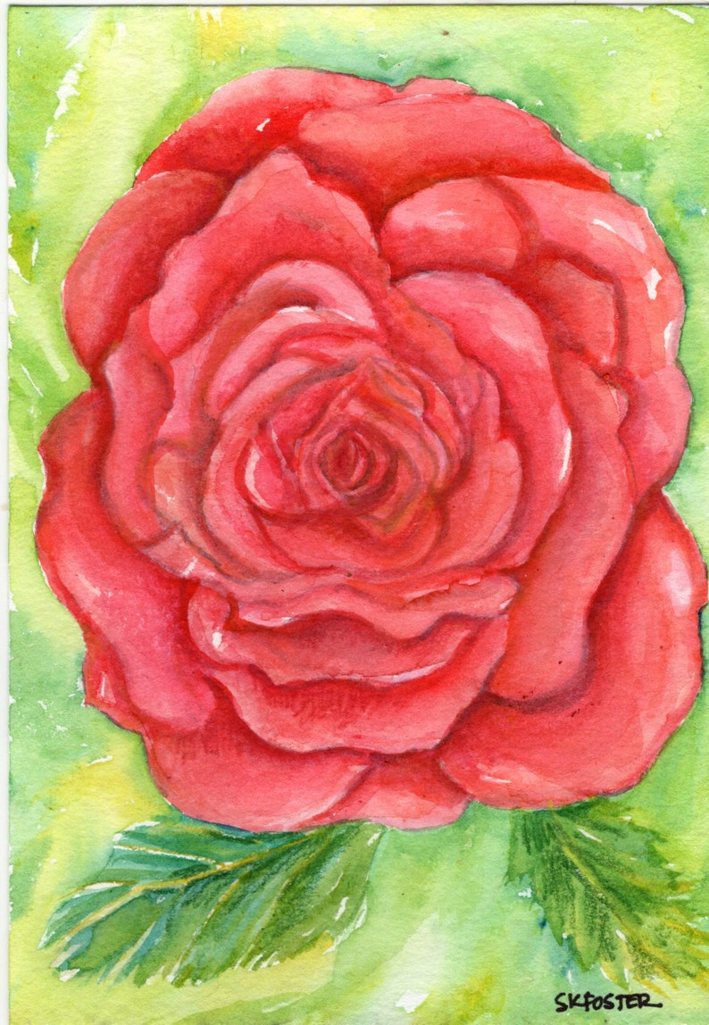 Original Red Rose Watercolor Painting 5x 7 one of a kind rose art