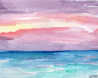 Sunset seascape watercolor painting original, 4 x 6  ocean art, beach