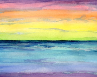 Colorful Sunset over ocean, seascape, landscape watercolor painting original 9 x 12 Beach lover gift