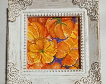 Original Miniature Pumpkins Watercolor Painting: Fall Halloween Decor, Framed Tiny Art