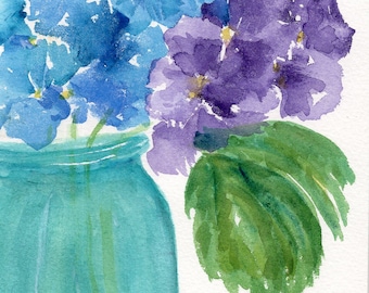 Hydrangea original watercolor painting,colorful hydrangeas in aqua mason jar 5x7, not a print, home