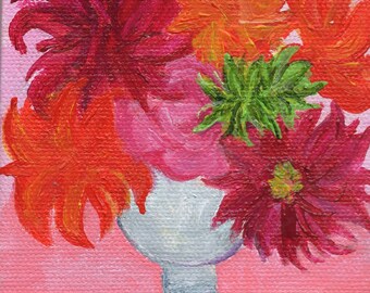 Original Pink Peony, dahlia mini painting canvas art  4 x 4 small painting on canvas
