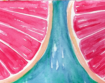 Citrus 4x6 Colorful Grapefruit Watercolor Painting, Original Kitchen Art gift under 20