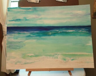 Seascape large original watercolor horizontal  painting,  22 x 30 Beach artwork, beach house decor, original watercolor painting beach