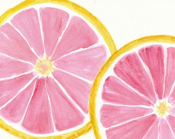 Original Grapefruit watercolor painting, Citrus ART 5 x 7  fruit decor, kitchen wall art