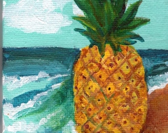 Pineapple on the beach mini canvas painting 3 x 4, botanical home gift, tropical beach lover