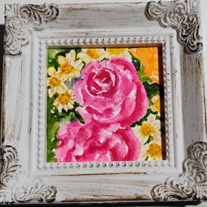 Original  miniature Flowers Watercolor Painting, Framed 4x4 in