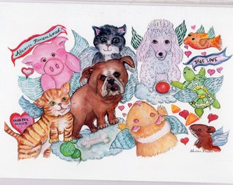 Pet loss card, Pet Sympathy card, Pet condolence card, dog, cats, pigs, guinea pig, fish, angels Watercolor Card from my original painting