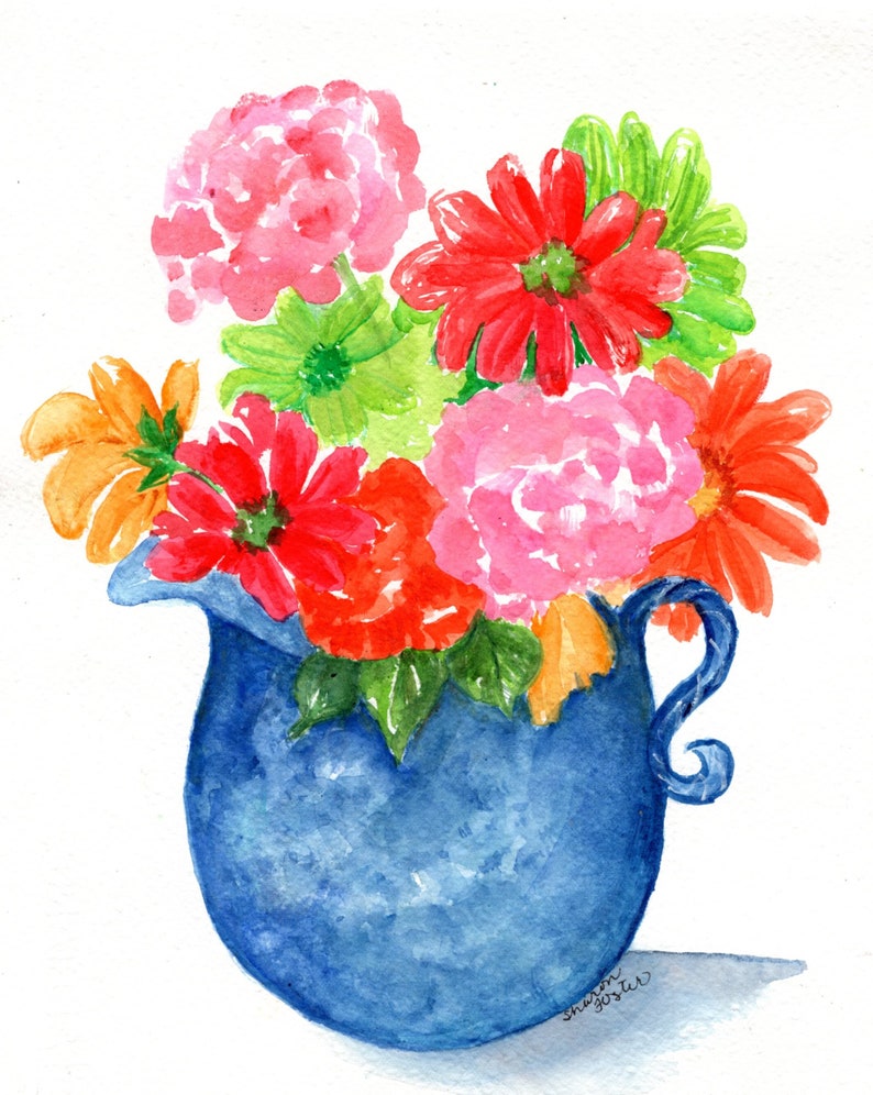 Flowers original watercolor painting, Blue and white Pitcher 8 X 10, Sunflowers, Zinnias, Hydrangeas, Gerbera Daisies Bild 1