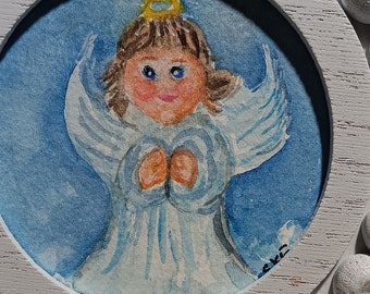 Heavenly Harmony: Ethereal Watercolor Portrait of a Girl Angel in a Petite 5-Inch Round Wood Frame 3x3 Mini Watercolor Art, gift under 30