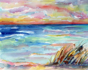 Coastal painting,  Sunset Beach Seascape Watercolor Painting original, ocean art 8 x 10 sunset at beach, sea oats,  beach wall art, gift