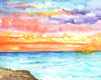 Coastal painting, Florida Sunset Beach Seascape Watercolor Painting original, ocean art 9 x 12 beach watercolor art, Beach lover gift