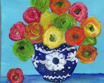 Ranunculus bouquet original painting, Flowers mini canvas art,  4 x 4 artwork, Ranunculus painting,
