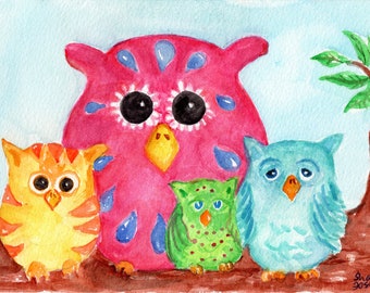 Original Colorful Owls on Branch Watercolor Painting - Whimsical Bird Art 5x7