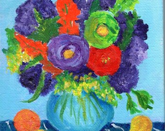 Beautiful Floral Painting with Ranunculus and Hydrangeas - 4x4 Inch  Mini Canvas Art