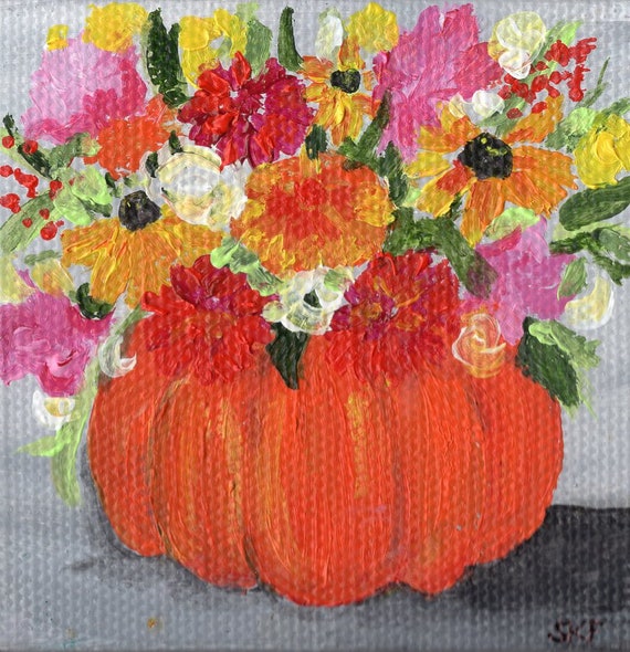 Bouquet De Fleurs Colorées En Citrouille Petite Peinture Mini Chevalet De Chute Mini Toile 3 X 3 Peu De Peinture Acrylique Peinture Toile
