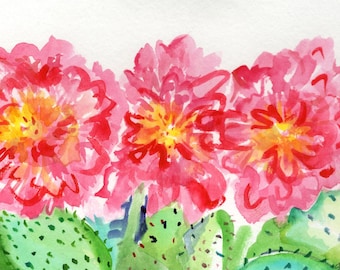 Pink Cactus flowers watercolor painting original  5 x 7 Cacti wall art decor, gift