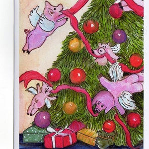 Christmas Card Flying Pigs Decorate the Christmas Tree Card Print from my original painting, Pigs with wings Christmas Greeting afbeelding 2