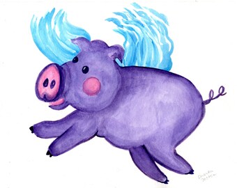 Purple Flying Pig watercolor painting original  FLYING PIG art, when pigs fly 8 x 10 pig with wings