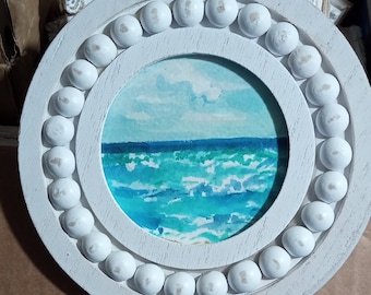 Original Round Seascape blue  Miniature Watercolor Painting, Tiny Ocean Painting, 3x3 Mini Watercolor Art, Round wood frame 5 in.
