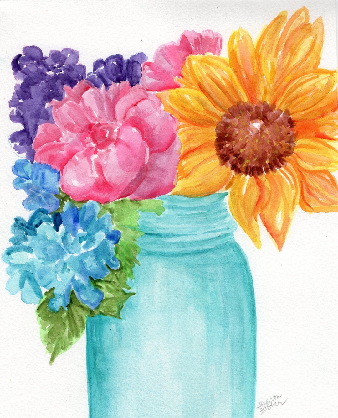 Flowers in Mason Jar Original Watercolor Painting Wall Art Etsy