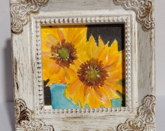 Sunflowers Original Flower Miniature Watercolor Painting, Tiny Floral Still Life Painting, 3x3 Mini Watercolor Art, Framed  4x4 inch