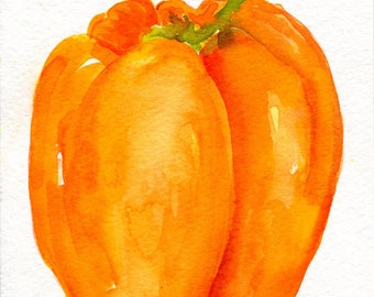 Orange Bell Pepper watercolor painting original 5 x 7 Minimalist home gift