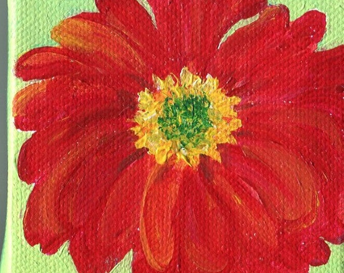 Original Red Zinnia Painting on Mini Canvas With Easel 3 X 3 Etsy