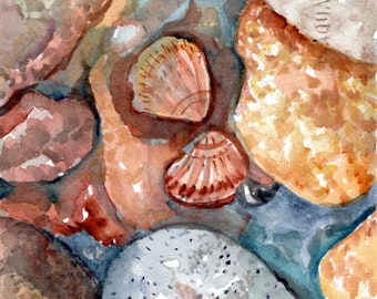 Beach rocks, shells, pebbles original watercolor painting,  Ocean Art 5x7