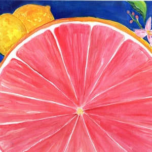 Grapefruit Watercolor Painting Original, Ruby Red Citrus ART 8 x 10 kitchen décor. lemons. citrus blossoms, Bild 3