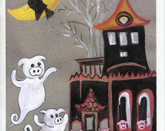 Pigs Halloween Greeting Card, Halloween decor art, Ghosts pig, spooky haunted house, Funny scary