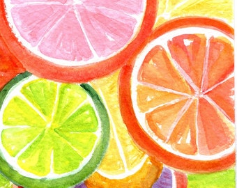Original Orange, Lemon, Grapefruit slices Watercolor Painting, Fruit watercolor art, citrus fruit 4 x 6, gift