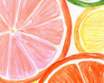 Colorful Citrus Fruit Art - Original Watercolor Painting - 4x6 for Farmhouse Kitchen Decor and Home Gift