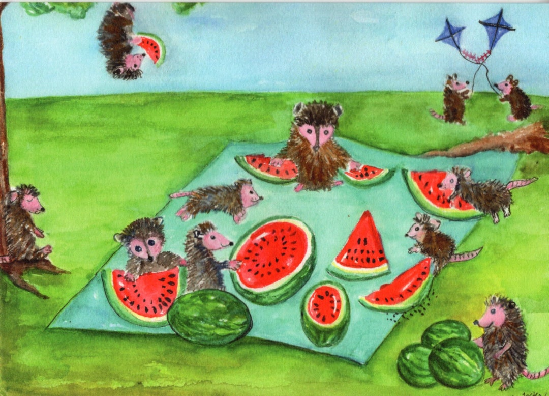 Possums Greeting Card, My Possum Picnic Painting Watercolor Painting