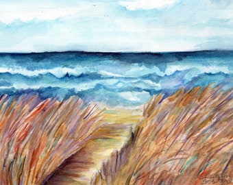 Ocean VIEW, Fernandina Beach, FL seascape watercolor painting original 5 x 7