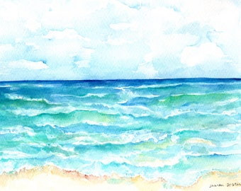 Seascape watercolor painting Original 8 x 10 minimalist sea view, beach house art, Beach lover gift