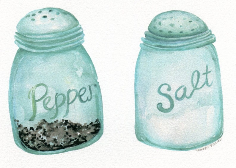5 x 7 Watercolor art print Salt and Pepper Aqua Blue Canning | Etsy