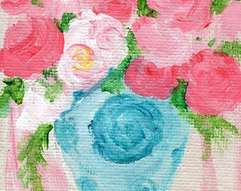 Pink Roses, White Roses mini canvas art, Easel, 3 small floral painting on canvas, Chinoises Blue & white vase, original miniature canvas