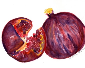 Pomegranates Watercolor Painting Original, Small Fruit 5x7