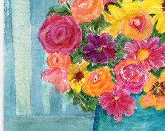 Roses, flowers vase watercolor painting original, Floral artwork 4x6