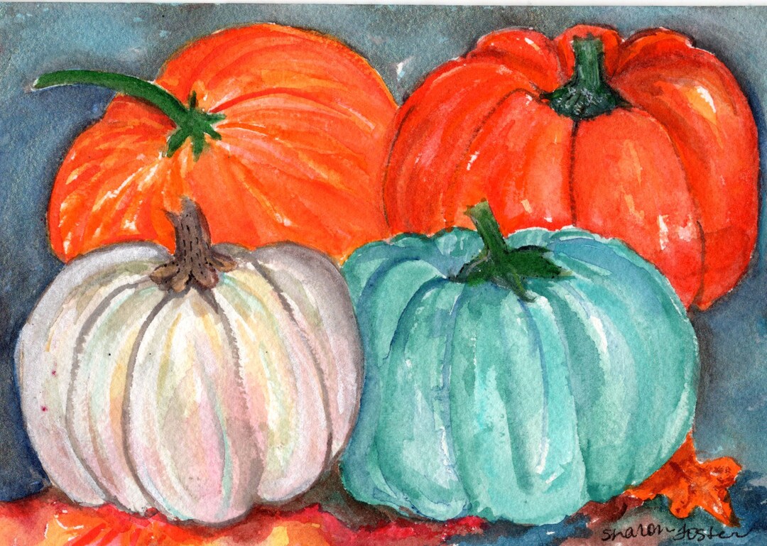 Hand-painted Original Pumpkins Watercolor Painting 5x7 Charming Fall ...