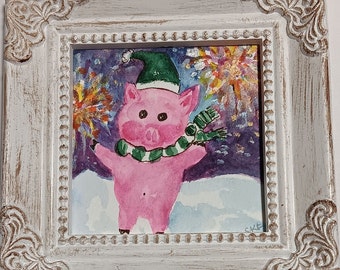 Original Pig Art miniature watercolor painting, Happy Piggy, Framed mini art, gift under 30