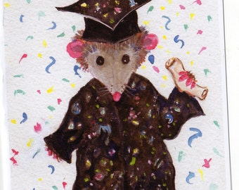 Funny possum graduation card, Happy Graduation Card Opossum graduate, Possum Greeting Card Print from my original watercolor