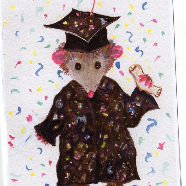 Funny possum graduation card, Happy Graduation Card Opossum graduate, Possum Greeting Card Print from my original watercolor