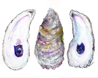 Original Oysters Watercolor Painting  8 x 10  oyster shell art painting watercolor, not a print, BOHO Beach lover gift